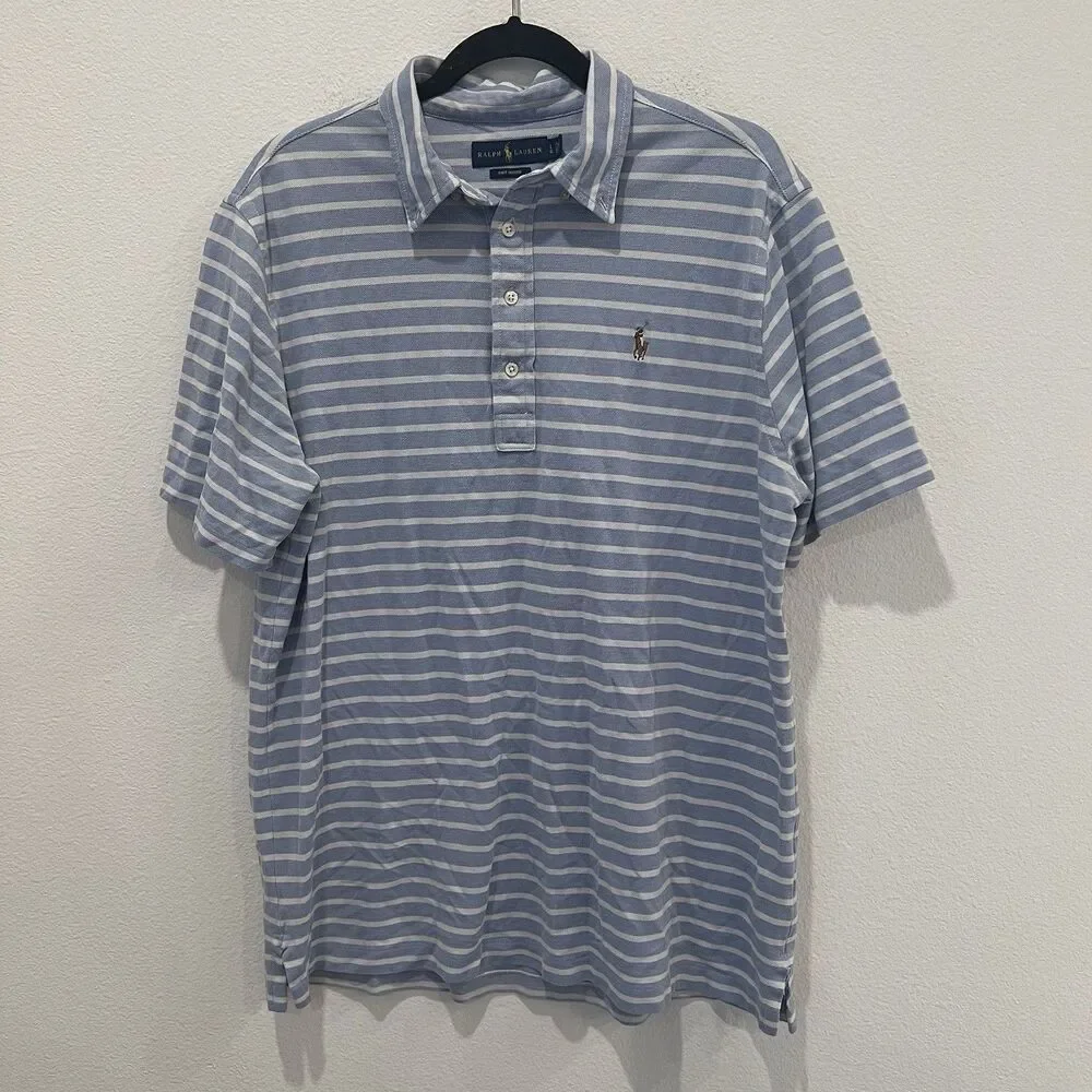 Ralph Lauren Knit Oxford Polo Shirt Mens White Blue Striped Pony Logo Large